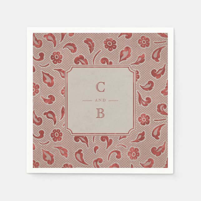 Kraft red Lace rustic country wedding monogram Napkins (Front)