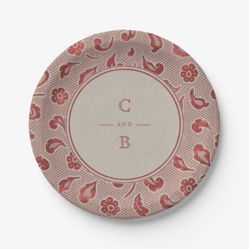 Kraft red Lace rustic country wedding monogram Paper Plates