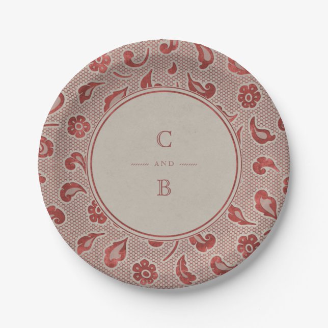 Kraft red Lace rustic country wedding monogram Paper Plates (Front)