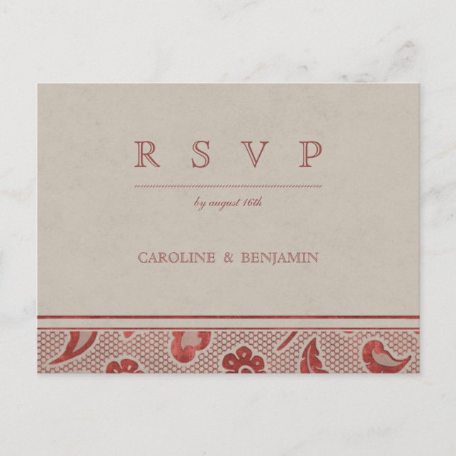 Kraft red Lace rustic country wedding RSVP Invitation Postcard (Front)