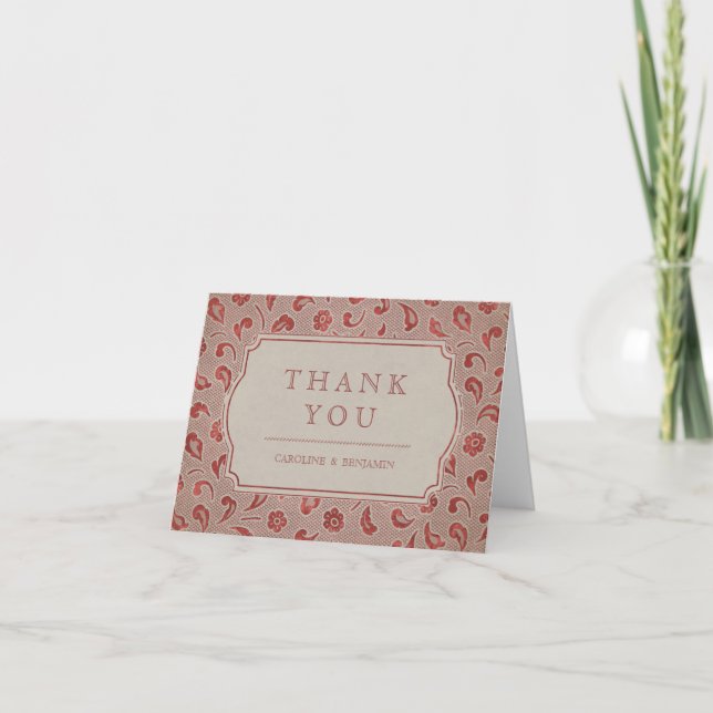 Kraft red Lace rustic country wedding thank you (Front)