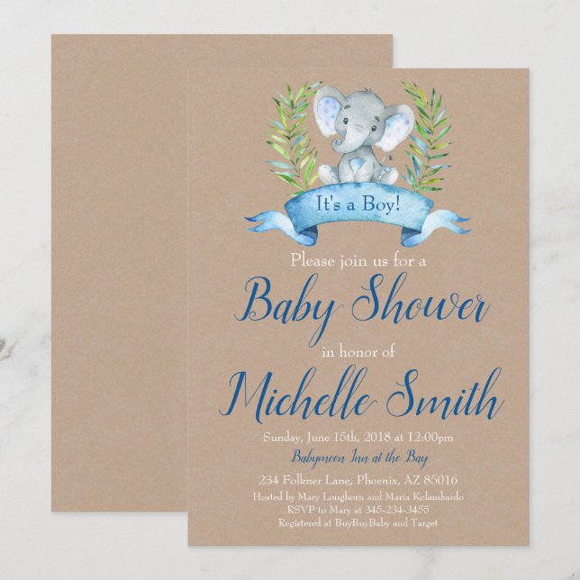Kraft Rustic Boy Elephant Safari Boho Baby Shower Invitation (Front/Back)