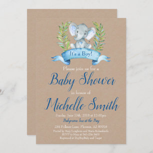 Kraft Rustic Boy Elephant Safari Boho Baby Shower Invitation