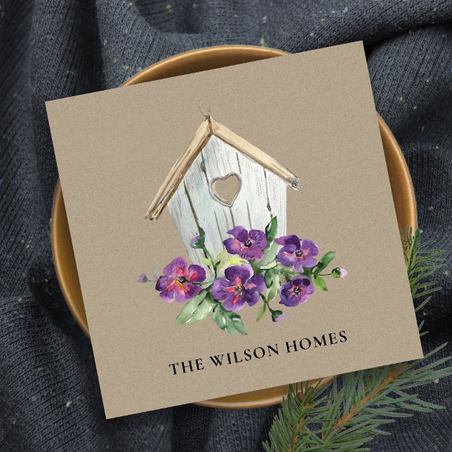 KRAFT RUSTIC FLORAL BIRDHOUSE REAL ESTATE REALTOR SQUARE BUSINESS CARD (Creator Uploaded)