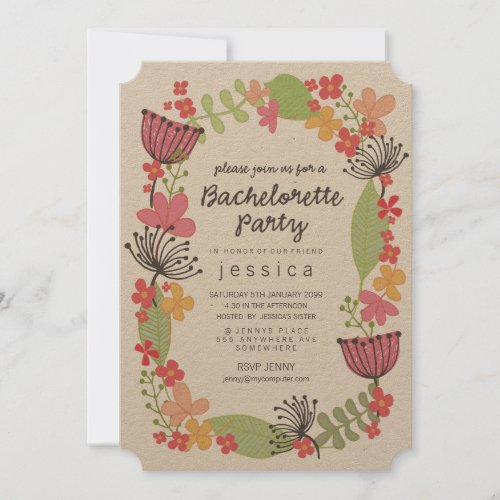 Kraft Rustic Floral Border Bachelorette Party Invi Invitation