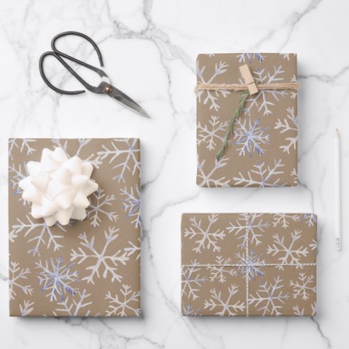 Kraft Rustic Hand_Drawn Icy Blue White Snowflakes Wrapping Paper Sheets