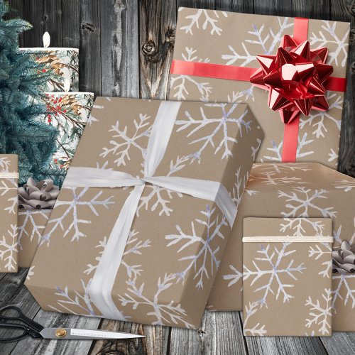 Kraft Rustic Hand_Drawn Icy White Snowflakes Wrapping Paper