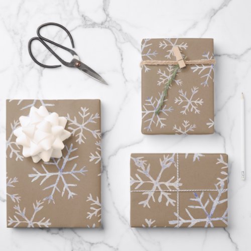 Kraft Rustic Hand_Drawn Icy White Snowflakes Wrapping Paper Sheets