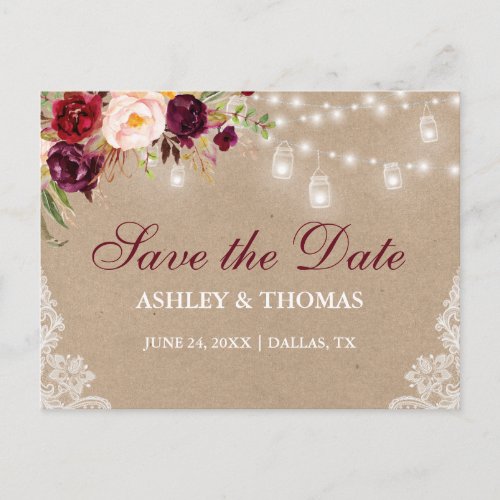 Kraft Rustic Jar Lights Lace Floral Save the Date Announcement Postcard