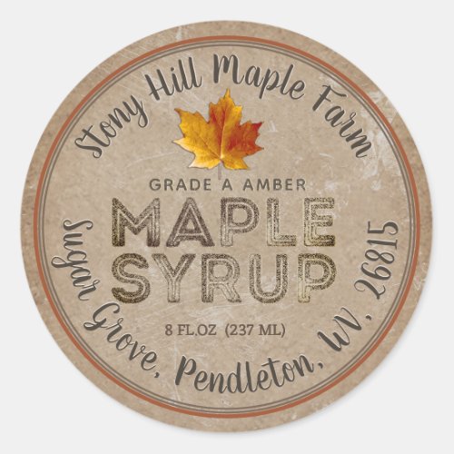 Kraft Rustic Kitchen Vintage Overlay Maple Syrup   Classic Round Sticker
