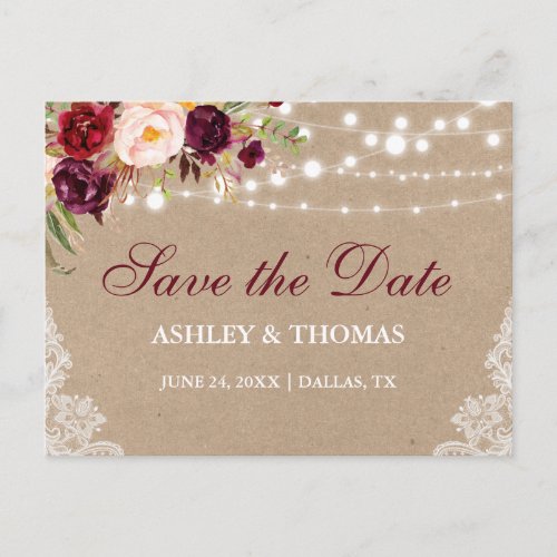 Kraft Rustic Lights Lace Floral Save the Date B Announcement Postcard