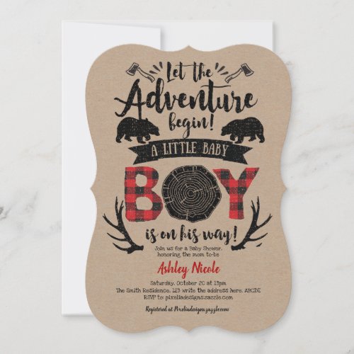 Kraft Rustic Lumberjack Buffalo Plaid Baby Boy Invitation