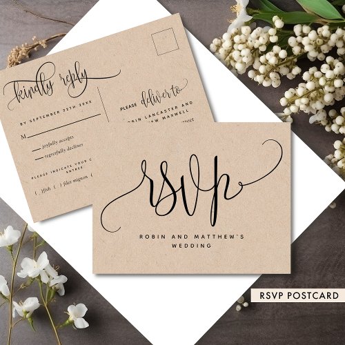 Kraft Rustic Style Modern Script RSVP Postcard