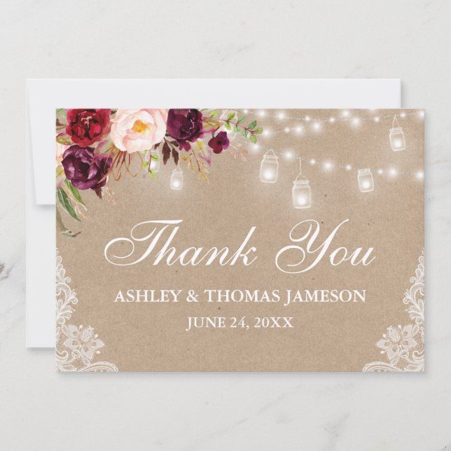 Kraft Rustic Wedding Floral Jar Lights Lace Thank You Card (Front)