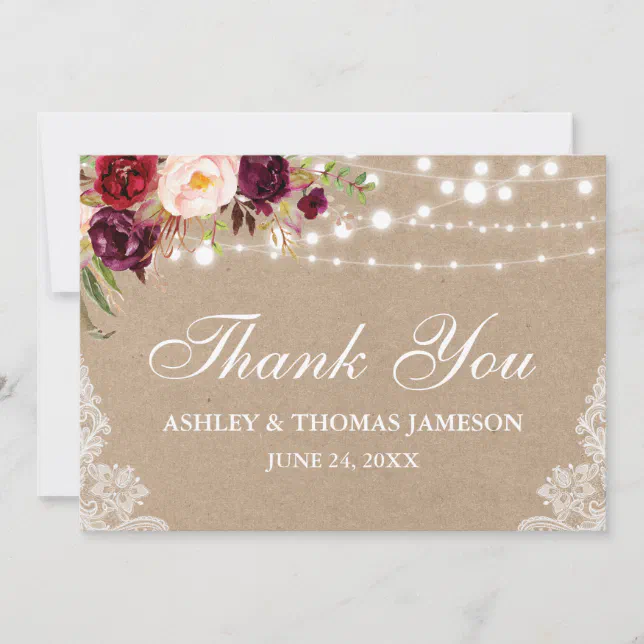 Kraft Rustic Wedding Floral Lights Lace Thank You Card | Zazzle