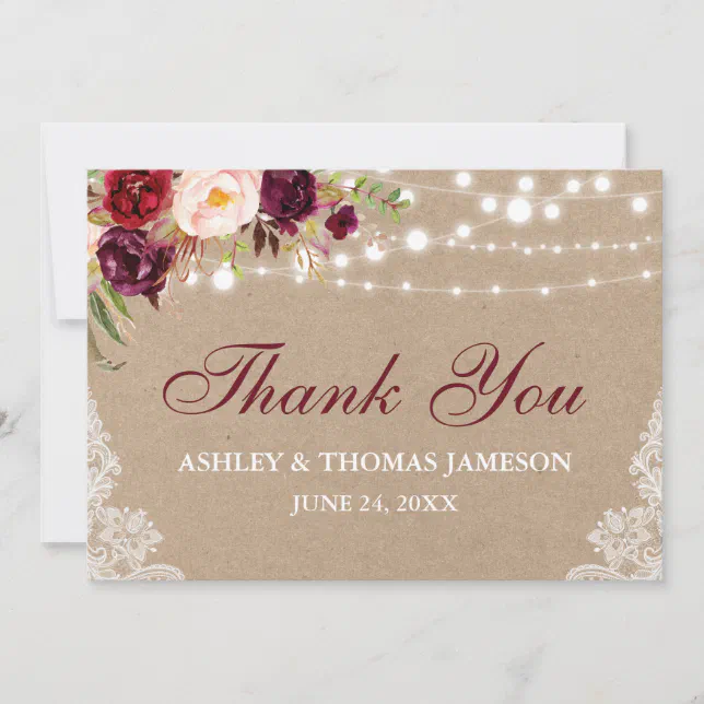 Kraft Rustic Wedding Floral Lights Lace Thanks B Thank You Card | Zazzle