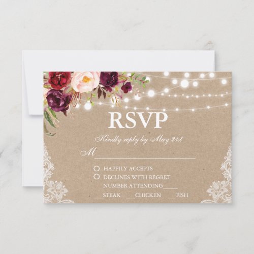 Kraft Rustic Wedding Lace Floral RSVP wMeal