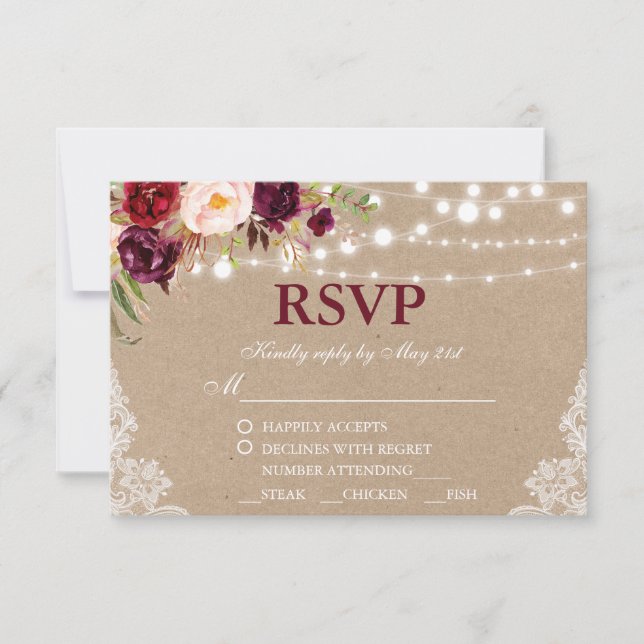 Kraft Rustic Wedding Lace Floral RSVP w/Meal B (Front)