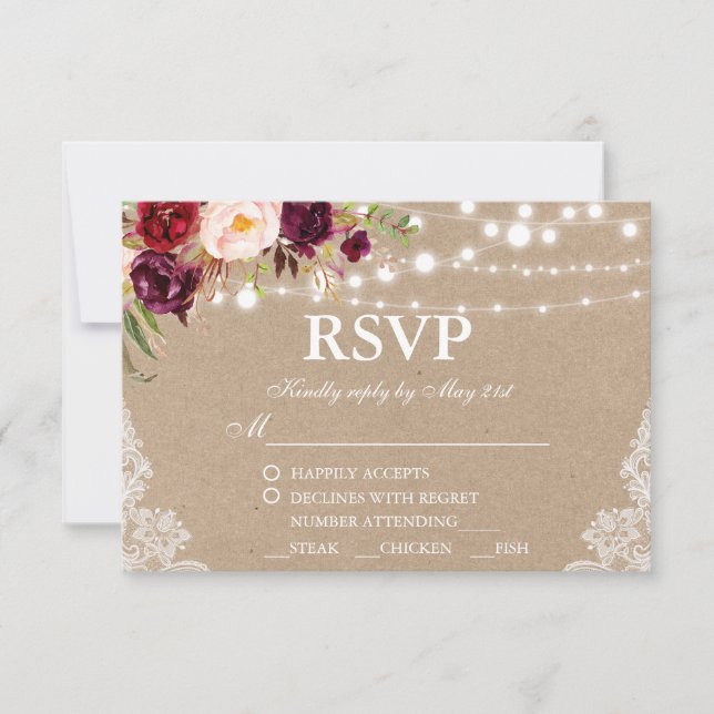 Kraft Rustic Wedding Lace Floral RSVP w/Meal Card (Front)
