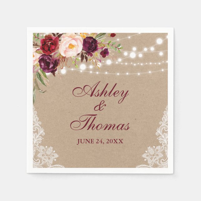 Kraft Rustic Wedding Lights Lace Floral Napkins (Front)