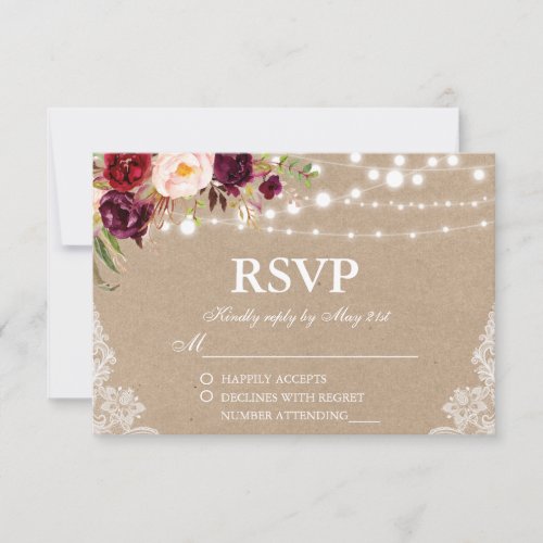 Kraft Rustic Wedding Lights Lace Floral RSVP