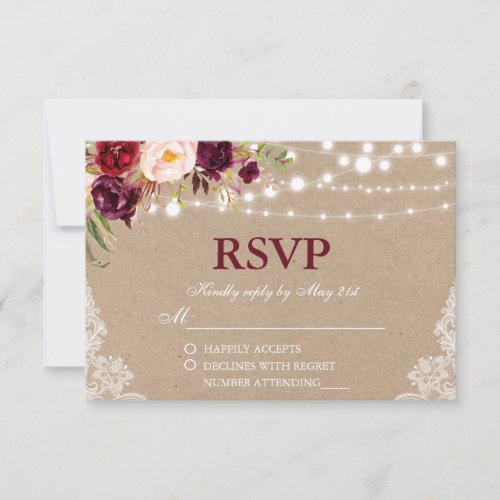 Kraft Rustic Wedding Lights Lace Floral RSVP B