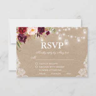 Kraft Rustic Wedding Lights Lace Jars Floral RSVP