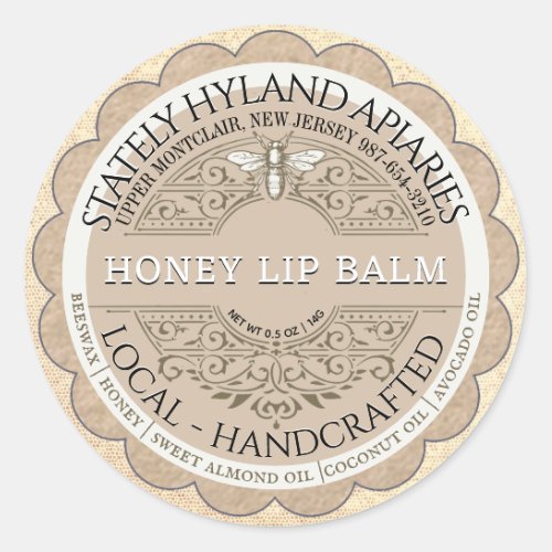 Kraft Scallop French Filagree Honeybee Lip Balm    Classic Round Sticker