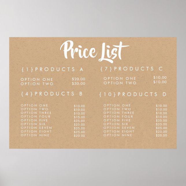 KRAFT Service Price Menu Custom Printed Poster (Front)