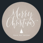 Kraft Simple Calligraphy Merry Christmas Classic Round Sticker<br><div class="desc">Personalized Christmas gift stickers feature white handwritten calligraphy "merry Christmas" script and tree on kraft paper background,   simple,  modern and elegant.</div>