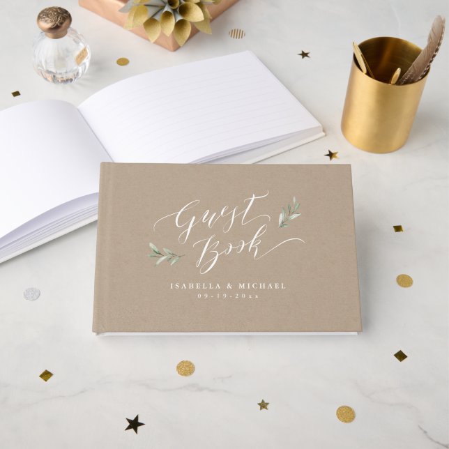 Kraft Simple calligraphy rustic greenery wedding Guest Book (Front Open)