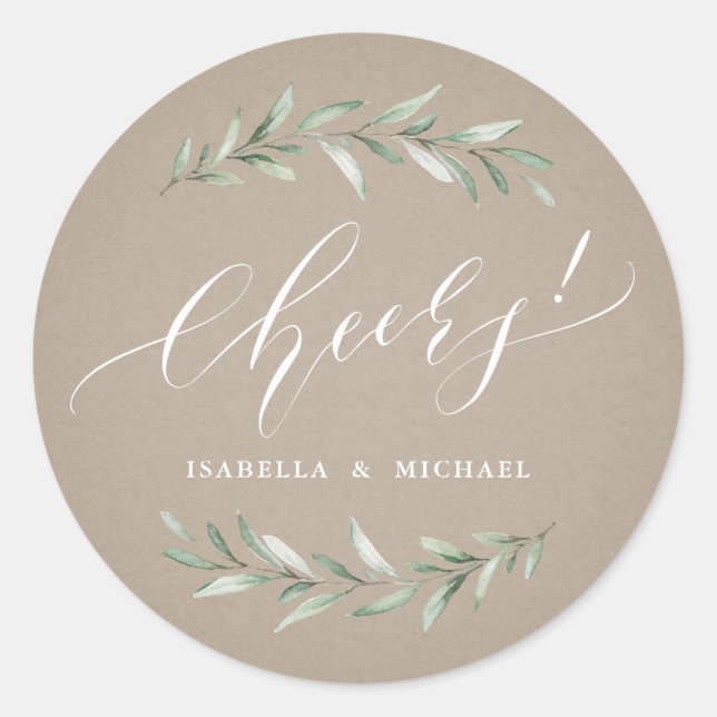Kraft Simple Greenery Calligraphy cheers Classic Round Sticker (Front)