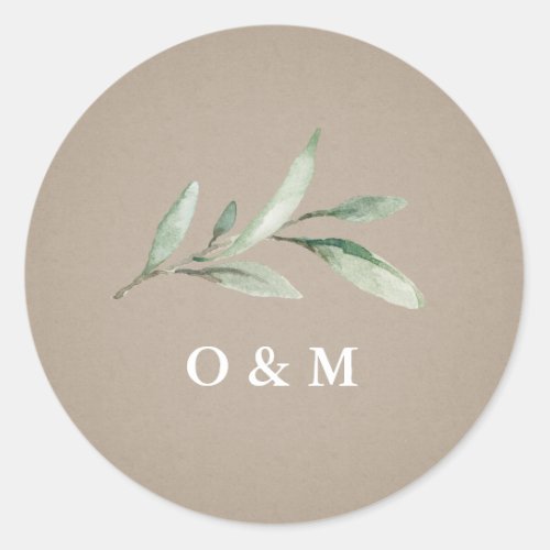 Kraft Simple rustic Greenery monogram Classic Round Sticker