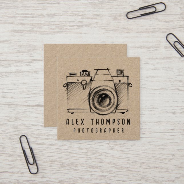 Kraft Sketch Camera Photographer Business Card (Front/Back In Situ)