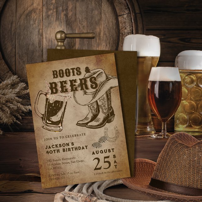 Kraft Sketch Western Cowboy Boots & Beers Birthday Invitation (Kraft Sketch Western Cowboy Boots & Beers Birthday Invitation)