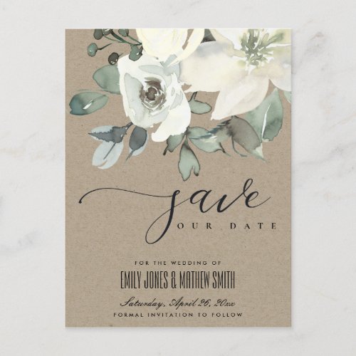 KRAFT SOFT IVORY WHITE FLORAL BUNCH SAVE THE DATE ANNOUNCEMENT POSTCARD