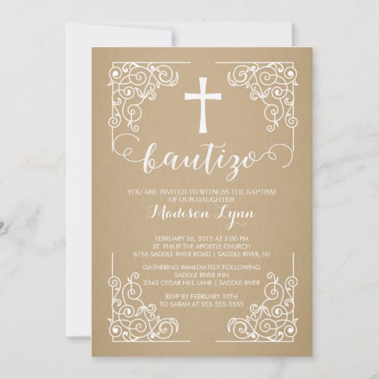 Kraft Spanish Baptism Christening Cross Invitation