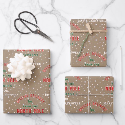 Kraft Special Delivery North Pole Three Kids Names Wrapping Paper Sheets