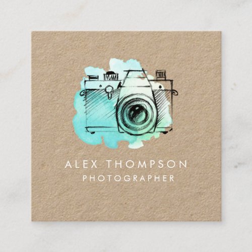 kraft Square Watercolor Camera Photographer Square Business Card