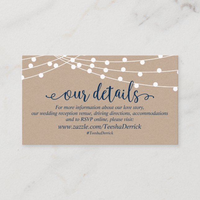 Kraft string lights, Navy Blue Script, Our Details Enclosure Card (Front)