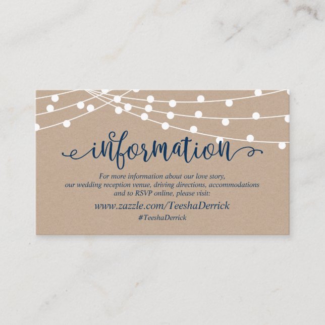 Kraft string lights, Navy Blue, Wedding Details Enclosure Card (Front)