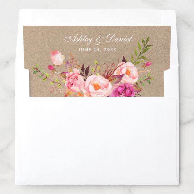 Kraft Style Pink Floral Wedding Names Date Envelope Liner (In Envelope)