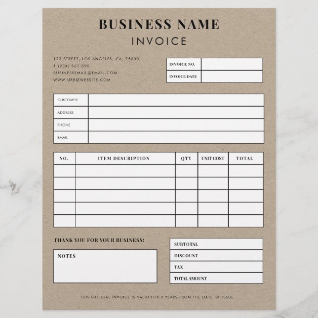 Kraft Style Simple Small Business Sales Invoice Letterhead (Front)
