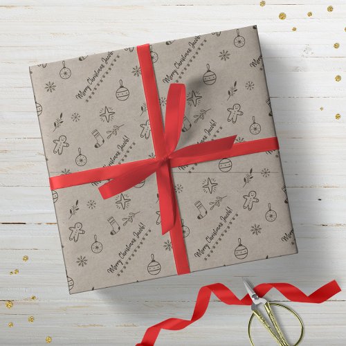Kraft_Styled Christmas Doodles Monochrome Wrapping Paper