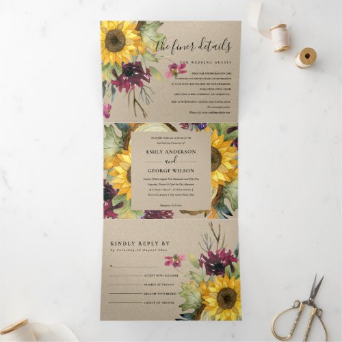 KRAFT SUNFLOWER BURGUNDY WINE FLORAL WEDDING Tri_Fold INVITATION