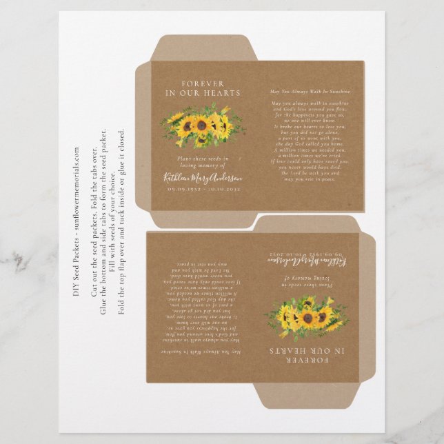 Kraft Sunflower Memorial Seed Packet DIY Template (Front)