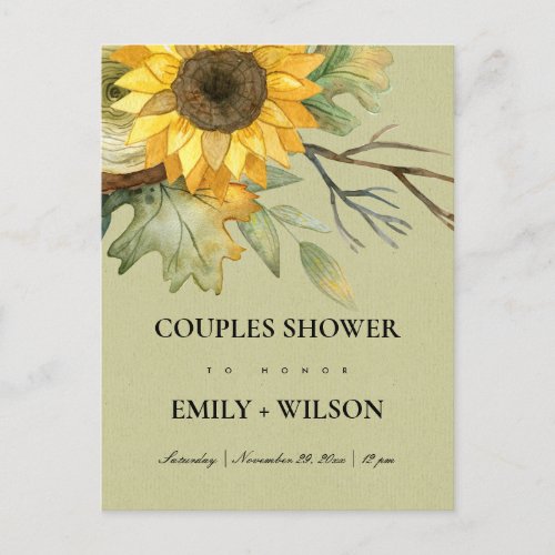 KRAFT SUNFLOWER WATERCOLOR FLORAL COUPLES SHOWER INVITATION POSTCARD