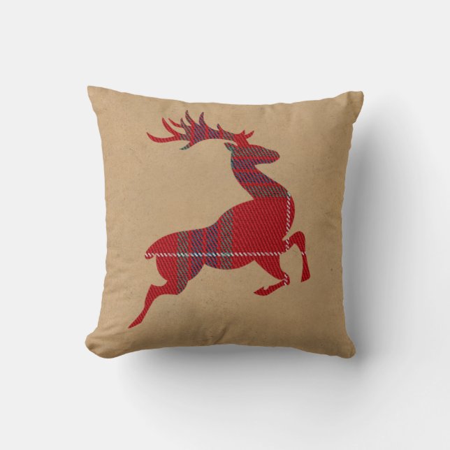 Kraft & Tartan Reindeer Red ID589 Throw Pillow (Front)