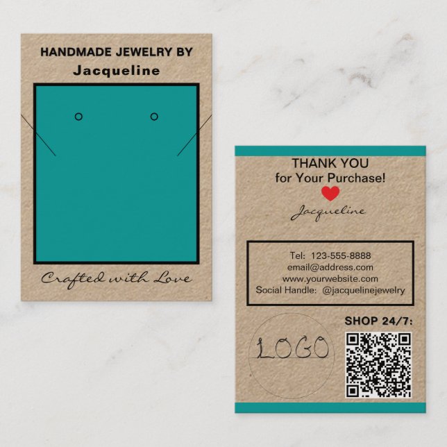 Kraft Teal Necklace Earrings Logo Website QR Code Business Card (Front/Back)