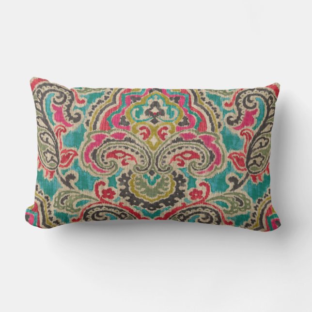 KRAFT TRIBAL IKAT TEAL PINK RED BOHO PATTERN  LUMB LUMBAR PILLOW (Front)